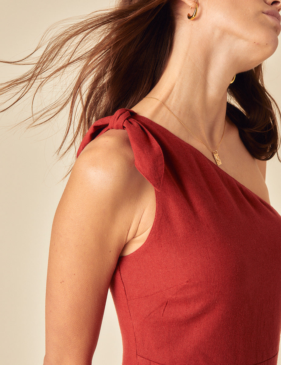 Secondary image of Red Linen-blend One Shoulder Sherbourne Midi Dress